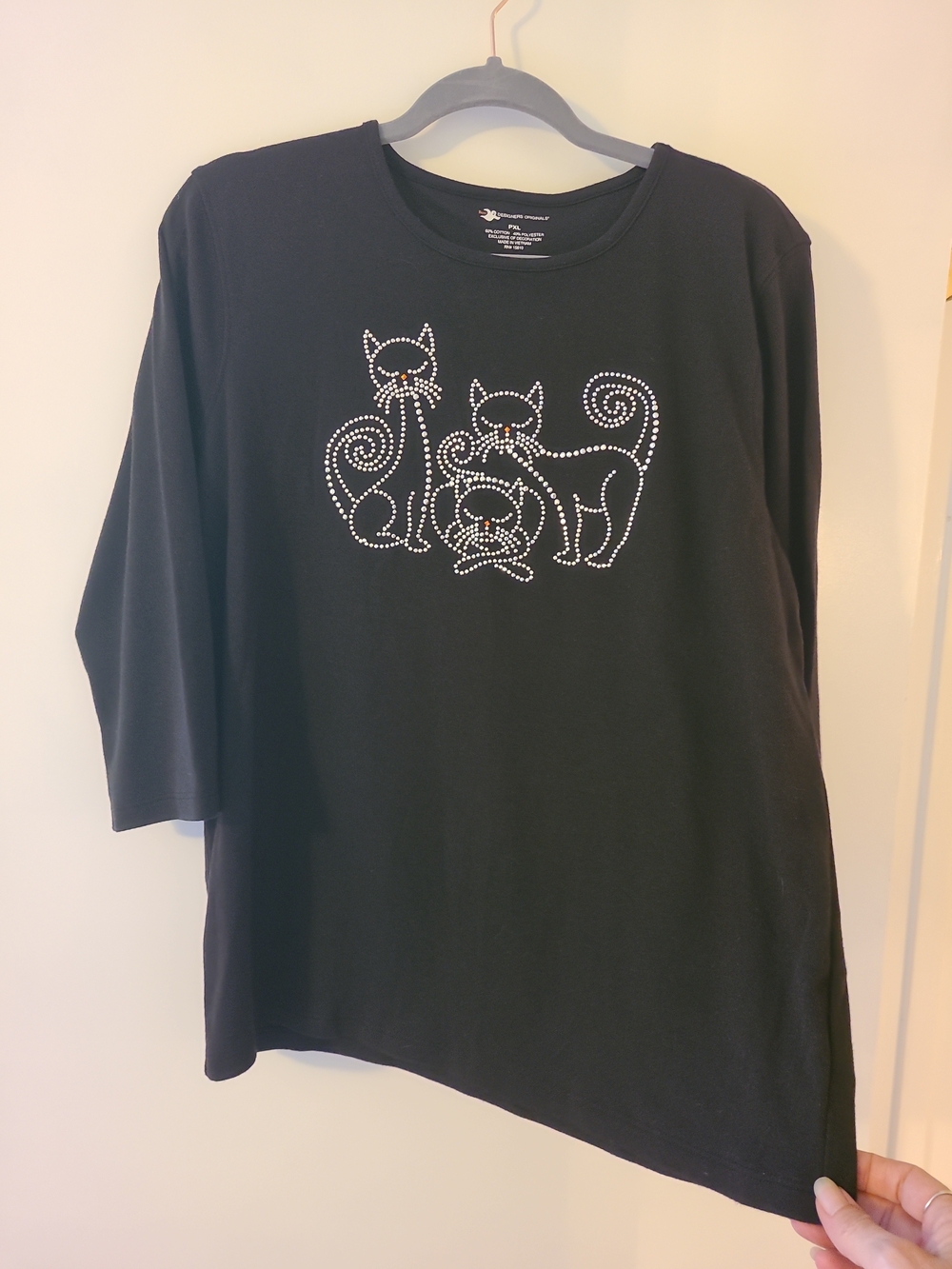 Vintage Designers Originals Cat Rhinestone Top Black PXL 90s Grannycore Kitsch